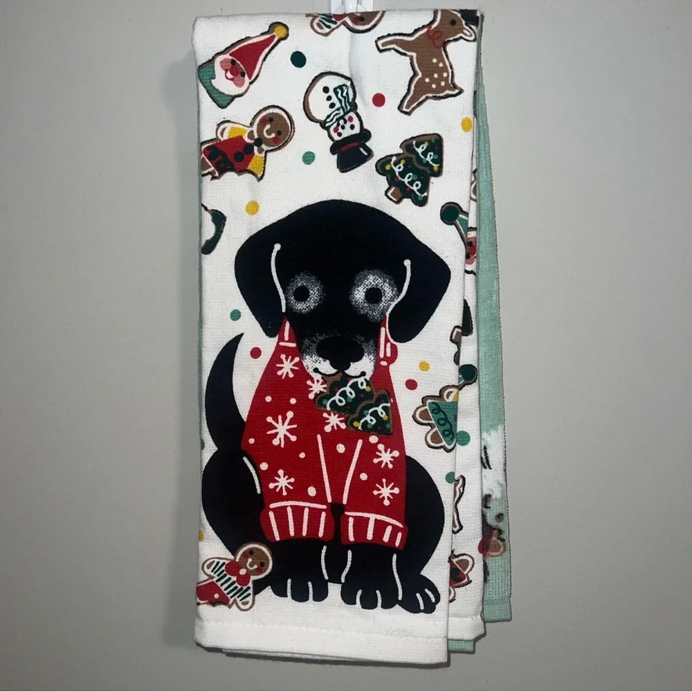 St. Nicholas Square Holiday Dog Kitchen Towels- Black and Red